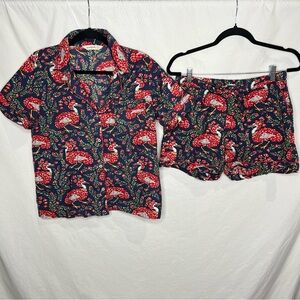 Print Fresh Queen Lotus Egret Bird Short Sleeve 2-PC Pajama Set Sz M Blue Cotton